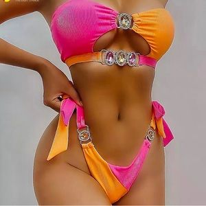 NWT M or L pink orange colorblock Brazilian high leg rise bandeau rhinestone gem